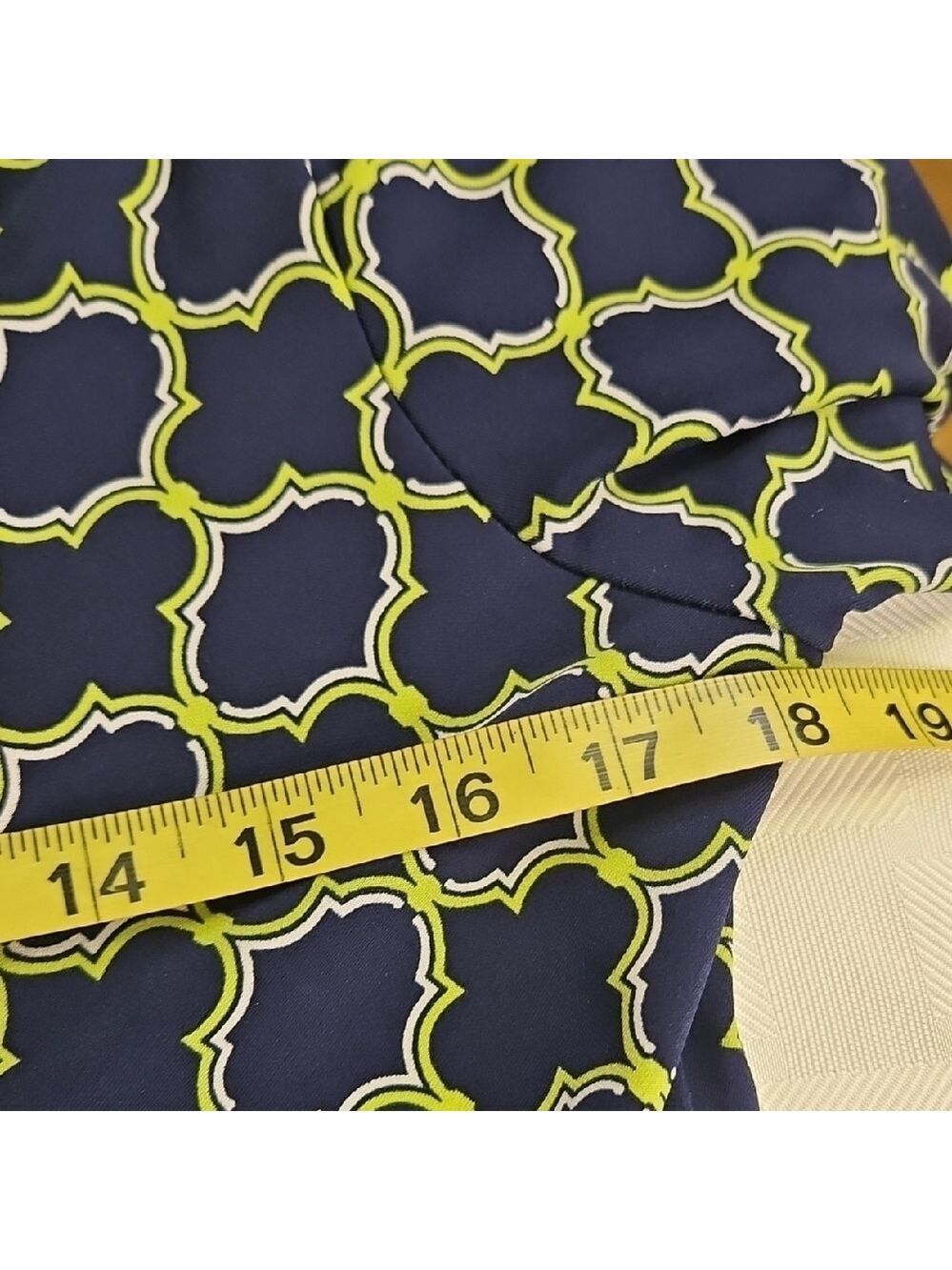 Merona Elegant Navy and Chartruesse Patterned Dress Twist At Bustline Stretchy M - Picture 10 of 12